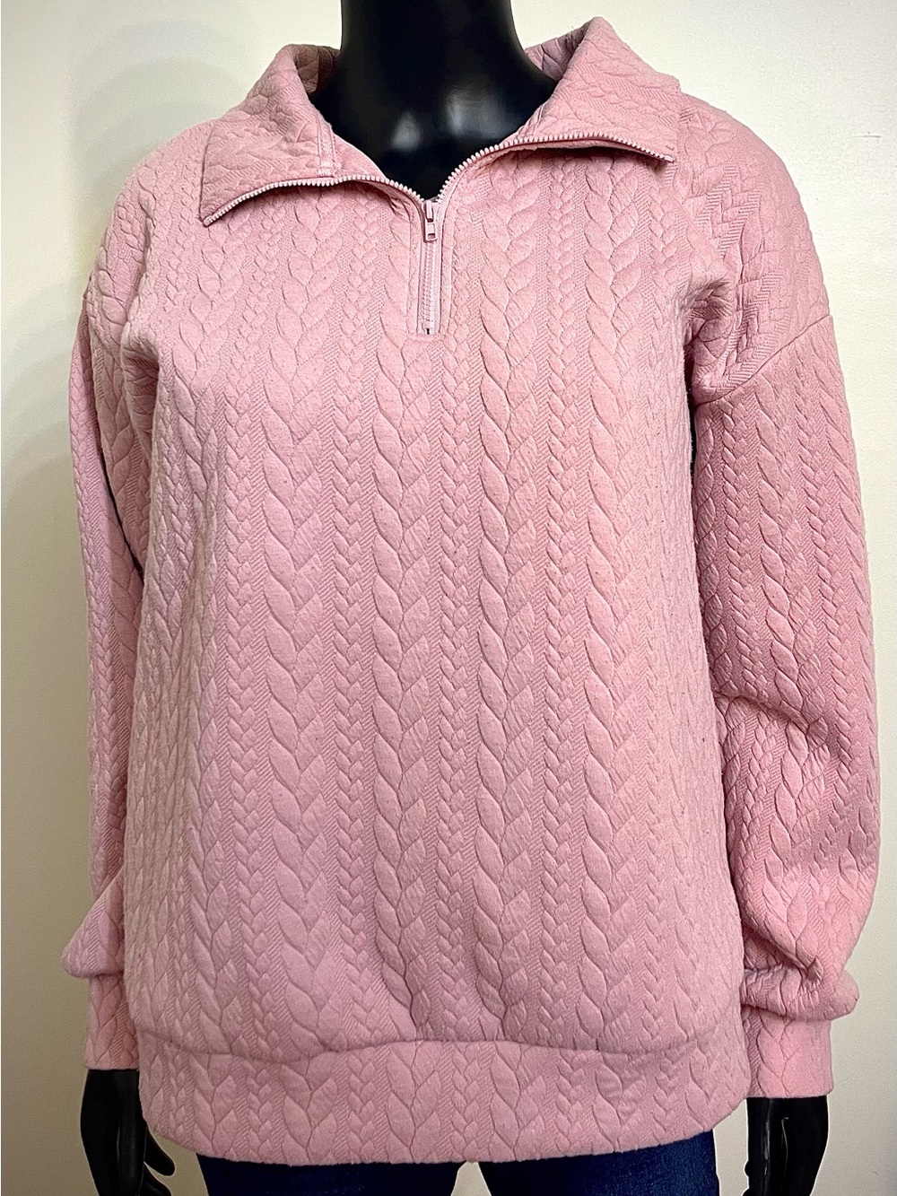 Pink Cable-Knit Half-Zip Pullover Sweater - Women